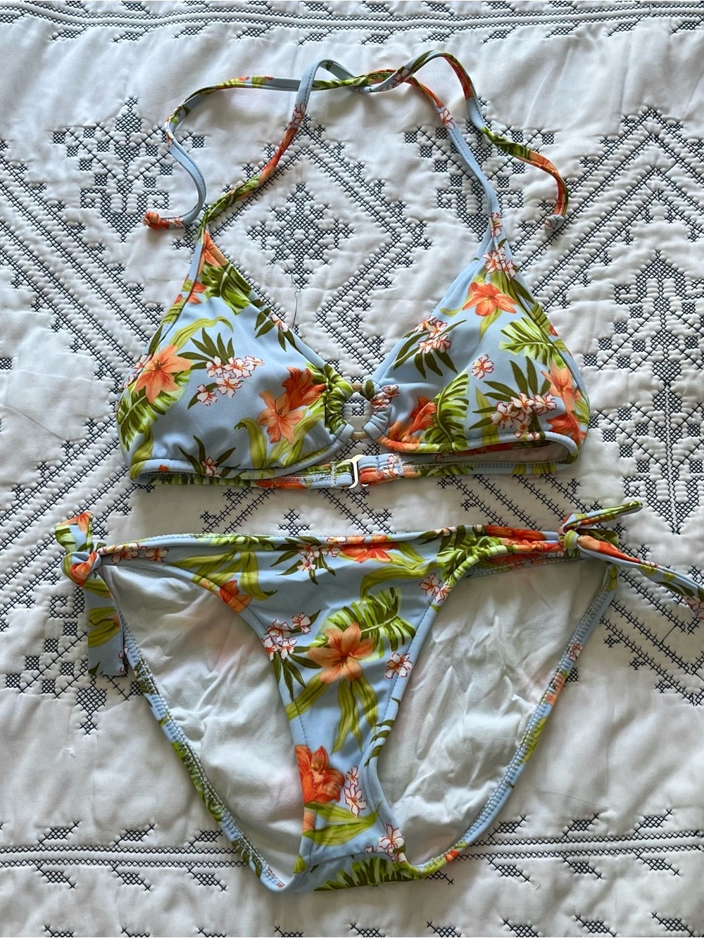 Vintage Y2K Radio Fiji Tropical Floral O-Ring Bikini Set Blue Orange Surfcore